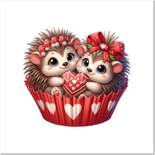 Valentine Hedgehog Couple In A Cupcake Posters and Art